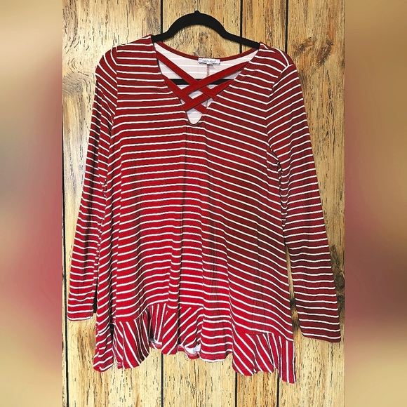 White Burch Buttery Soft Flowy V Neck Strappy Striped Longsleeve Top Blouse - Picture 1 of 7